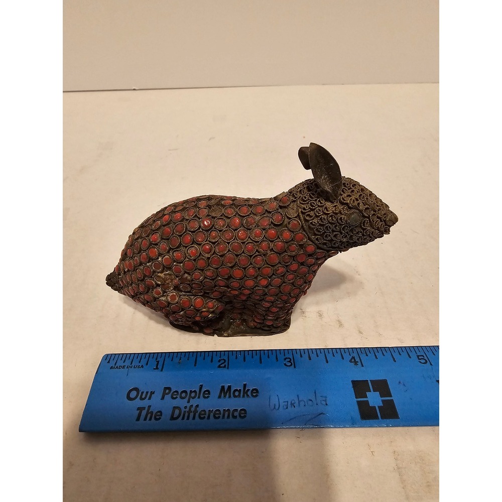 Vintage Tibetan Filigree Rabbit Figurine Coral Inlay Metal Folk Art Statuette